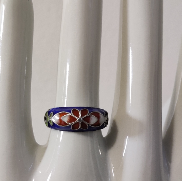 Vintage Chinese Export Cloisonne Sterling Silver Adjustable Ring - Picture 4 of 12